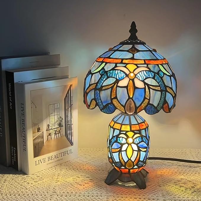 Small Tiffany Lamp Stained Glass Table Lamp Mini Mother Daughter Vase Desk Accent Night Light for Bedroom Bedside Reading Home Antique Style 8X14 Inches (Blue Purple) - Bloomnest
