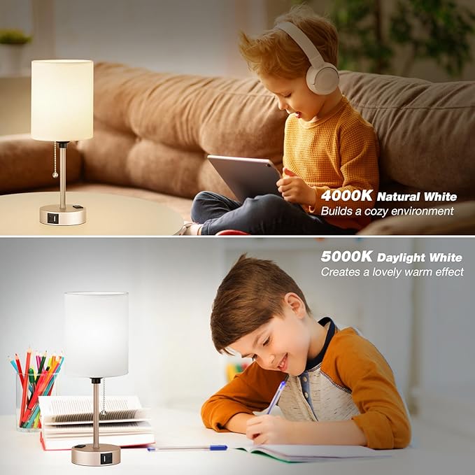 Small Bedside Table lamp for Bedroom - 3 Color Temperatures Bedside Lamps with USB C and A Ports, Pull Chain Table Lamps with AC Outlet, Gold Nightstand Lamps with White Shade for Kids Reading - Bloomnest