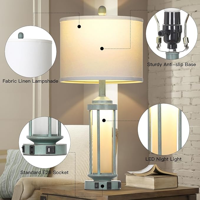 Farmhouse Table Lamps for Living Room, 27" Vintage Rustic Beside Lamp Set of 2 with USB A+C Charging Ports & AC Outlet, Retro Nightstand Lamp with Fabric Shade for Bedroom Entryway(4 Bulbs Included) - Bloomnest