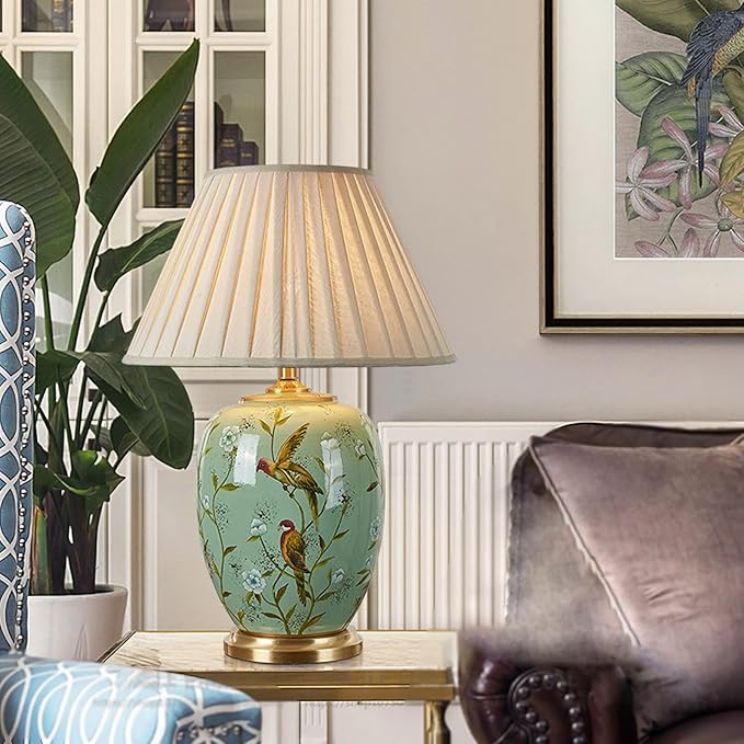 Green Flower and Bird Ceramics Table Lamp 25.5" Chinoiserie Lamp American Handmade Beige Linen Drum Shade Decor for Living Room Bedroom House Bedside Home - Bloomnest