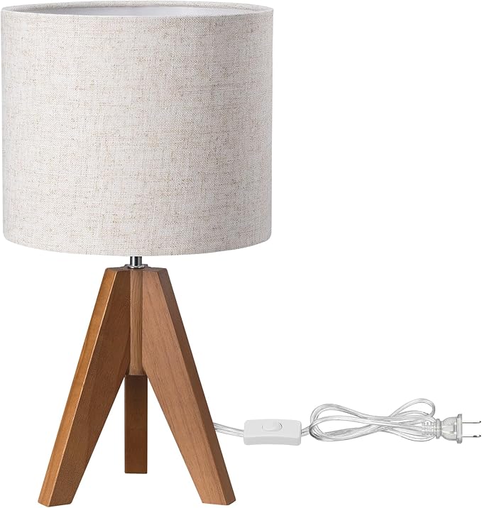 EDISHINE Tripod Table Lamp, Small Cute Bedside Lamp with Linen Beige Lampshade, Nightstand Lamp for Nursery, Bedroom, Kid Room, Living Room, Light Brown Wooden Base, E26 Socket, 14.2 Inch - Bloomnest