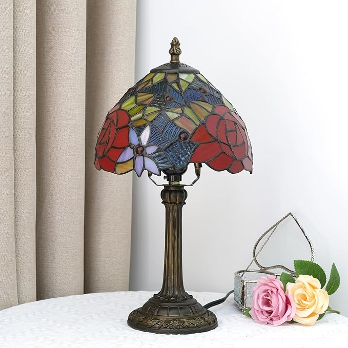Tiffany Lamp Bedside Table Lamp-Nightstand,Stained Glass Lamp for Bedroom Dorm Living Kitchen, Aesthetic Cute Home Decor Gift (Rose) - Bloomnest