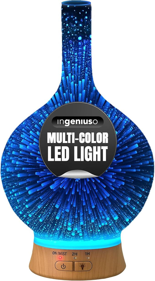 Aromatherapy Essential Oil Diffuser for Therapeutic Oils | 3D Glass Vase Cover with Colorful LED Light Display | Cool Mist Aroma Therapy Diffusers | Versatile Nightlight, Humidifier with Auto Shut-off Bloomnest