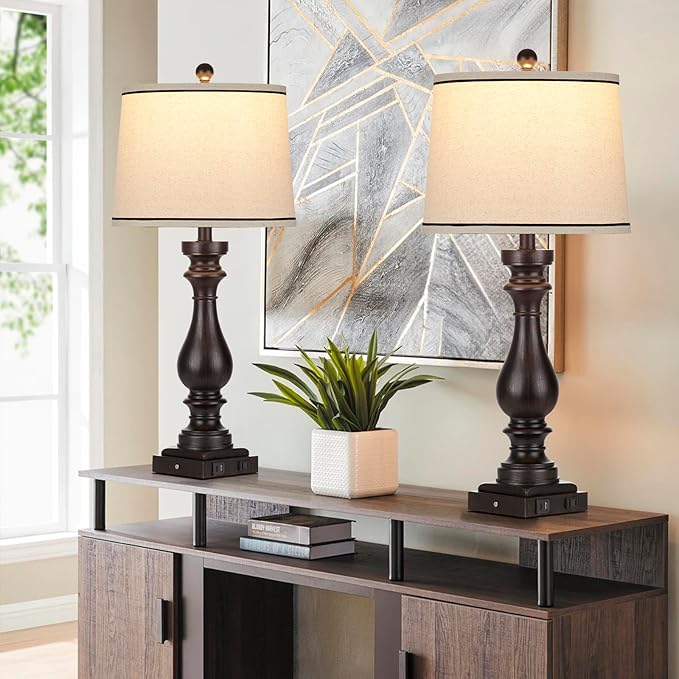 27.5" Farmhouse Table Lamp for Living Room Set of 2,Vintage Bedside Nightstand Lamps with USB C+A Ports & AC Outlet,3-Way Dimmable Touch Control Retro Black Desk Lamp for Bedroom,Black - Bloomnest