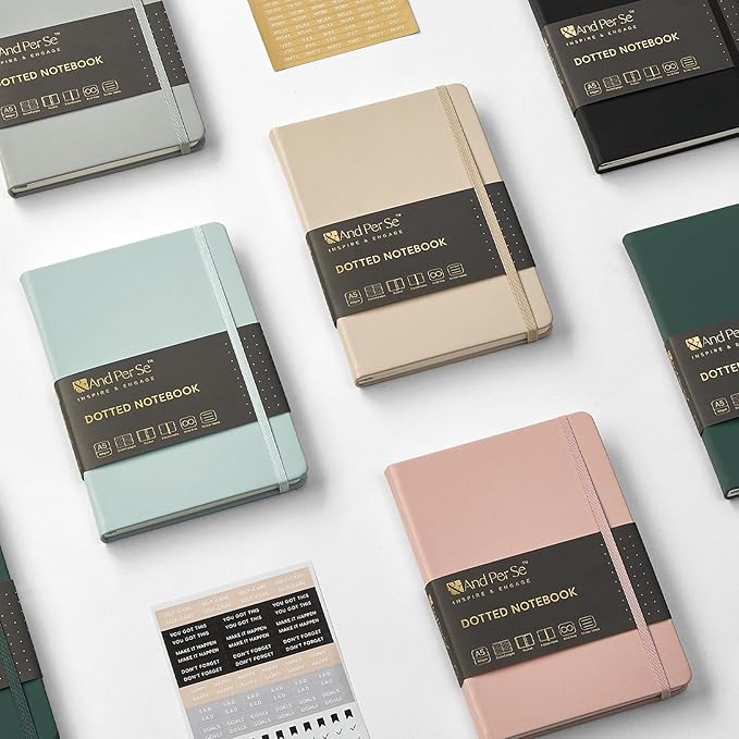 &And Per Se Dotted Journal Notebook, A5 Hardcover Leather Bullet Dotted Journal, 160 Pages 100 gsm Thick Paper, 3 Sheets of Stickers Included - 5.7'' x 8'' (Dark Blue)