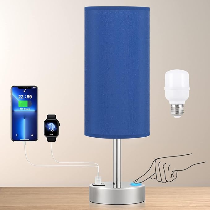 Navy Blue Touch Lamp for Boys - Small Nightstand Lamp with USB-C and USB Charging Ports, 3 Way Dimmable Bedside Table Lamp with Fabric Shade Silver Base for Nursery, Dorm, Office, Reading - Bloomnest