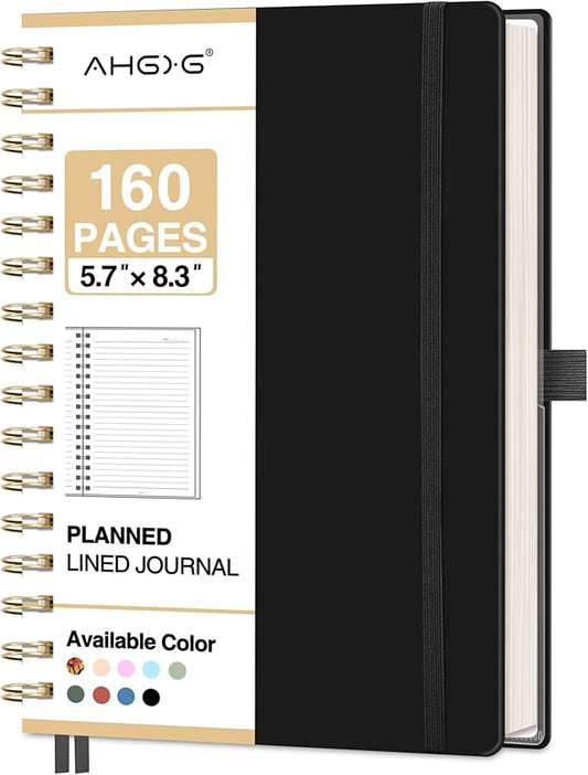 AHGXG Spiral Journal Notebook, 160 Lined Pages, A5 Medium Size (5.7'' x 8.3''), for Men & Women, Journaling, Writing, Work & Office, Hardcover, 100 GSM Thick Paper (Black) - Bloomnest