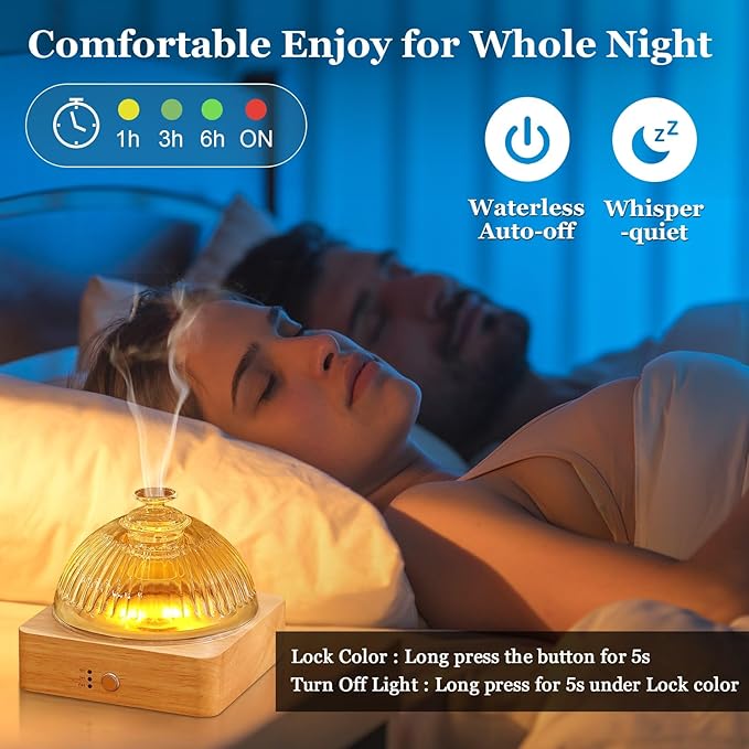 Glass Essential Oil Diffuser with Glass Reservoir & WoodBase, 200ml Ultrasonic Lock Color Timer Auto-Off 7 Color Light Aroma Glass Dome Diffuser for Home Office Bedroom Yoga - Bloomnest