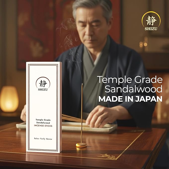 Shizu Sandalwood Incense Sticks – Temple Grade Japanese Incense with Brass Holder – Calming Scent for Relaxation, Meditation & Home Spa, Elegant Gift Set (60 Sticks) - Bloomnest