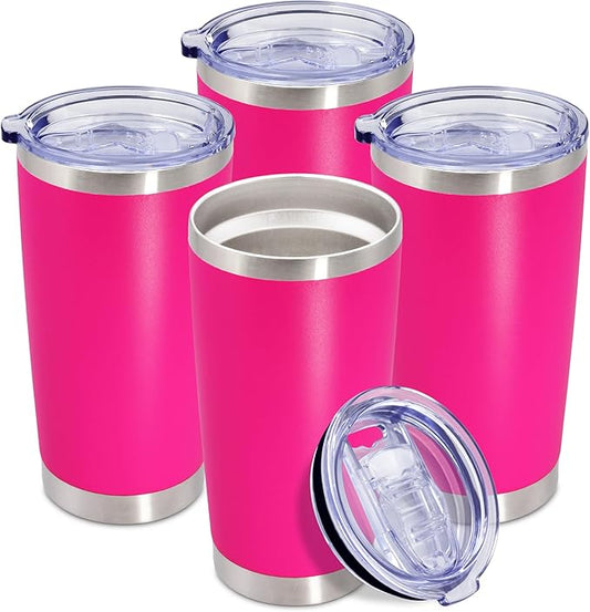 20 oz Tumbler Coffee Travel Tumblers Bulk with Lid Stainless Steel Double Wall Vacuum Insulated Mug Powder Coated Cups fit Car Cupholder for Hot and Cold - Hot Pink, 4Pack