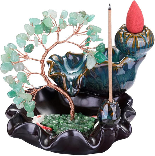 Jovivi Backflow Incense Burner Ceramic Incense Waterfall, Natural Green Aventurine Healing Crystal Money Tree Incense Holder for Wealth, Good Luck, Yoga Meditation, Home Decor - Bloomnest