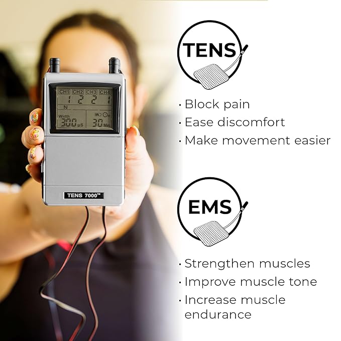 TENS 7000 Pro Rechargeable Tens Unit Muscle Stimulator, 4 Channels, Back Pain Relief, 8 Electrodes/Unit Pads, EMS and TENS Machine, Muscle Recovery & Growth, Stim Machine, Electrotherapy TENS7000