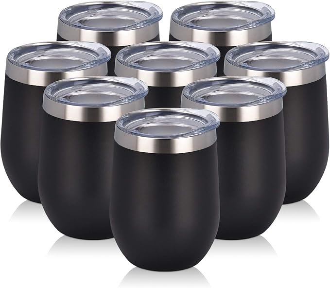 8 Pack 12Oz Stainless Steel Wine Tumblers, Insulated Wine Tumbler, Double Wall Insulated Wine Glass, Stainless Steel Stemless Wine Cups with Lids for Coffee, Wine, Cocktails, Champaign, Black - Bloomnest