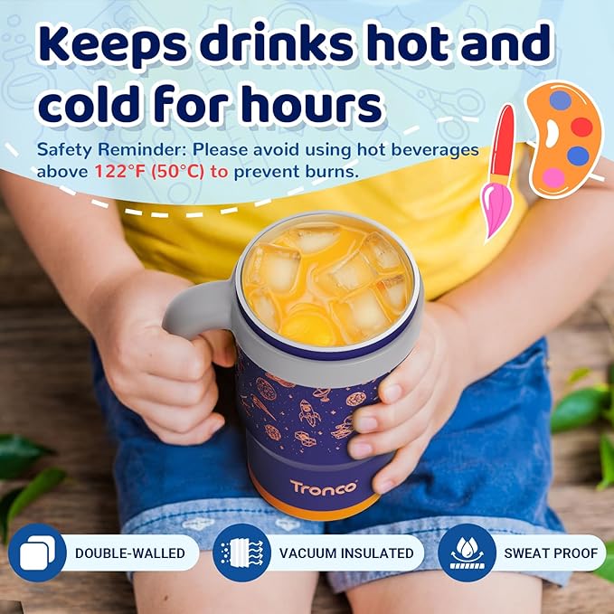 Tronco 14 oz Kids Insulated Tumbler with Handle & Spill Resistant Flexible Straw, BPA-Free Stainless Steel Toddler Cups with Lids, Splash-Proof Kid Drinking Cup Travel Mugs, Easy to Clean - Bloomnest