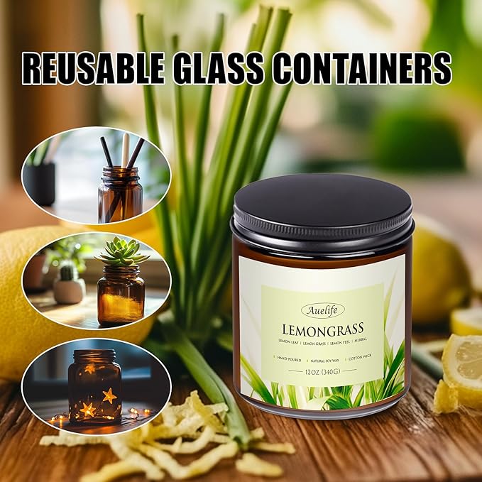 Lemongrass Scented Candle | 3-Wick Jar Candle - 12oz Natural Soy Wax - Citronella Scent for Indoor Outdoor Use, Long Lasting Aromatherapy Gifts for Fathers Day, Summer, 50+ Hour Burn - Bloomnest