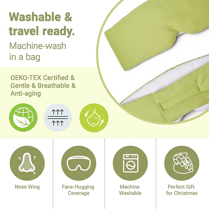Reversible Full-Cover Green/White Cotton Eye Mask for Sleep, Adjustable Breathable Wrap, Lightweight Total-Dark Blindfold for Sleep Travel, Holiday Gift Kit for Women Girl Men Adults - Bloomnest