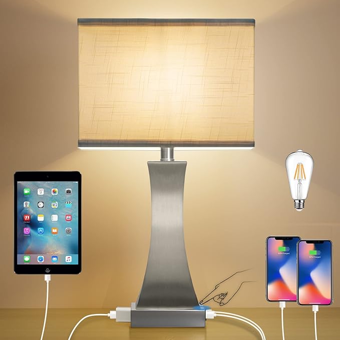 Table Lamp for Bedroom 3-Way Dimmable Touch Control Bedside Lamp with USB A+C Port & Outlet 21.6" Tall Nightstand Lamp for Living Room Bedroom Office and Hotel Bulb Included - Bloomnest