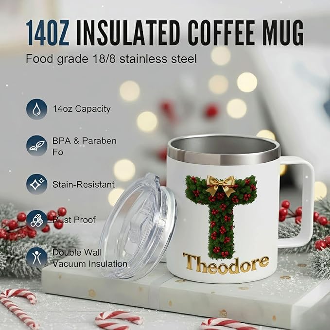 Personalized Christmas Insulated Coffee Mug with Handle – Custom Initial Letter [M] Double Wall Stainless Steel Travel Tumbler for Hot & Cold Drinks – Unique Holiday Gift for Men, Women, & Kids(B117) - Bloomnest