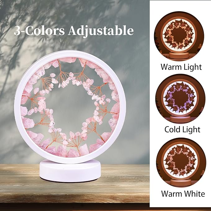 Runyangshi Crystal Night Lamp Natural Rose Quartz Crystals Small Tree Bedside Ambient Lamp USB Port 3 Colours Adjustable Lamp Suitable Night Light for Living Room Bedroom Office Home Decor Gift - Bloomnest