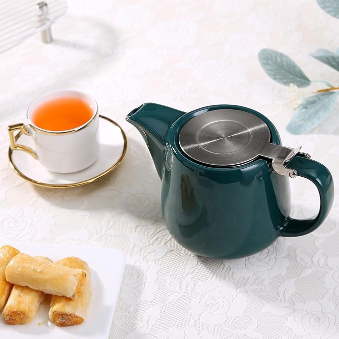 Ceramic Teapot With Stainless Steel Infuser, Heat Resistant, Perfect Tea Maker, Green, 500ml/17oz
