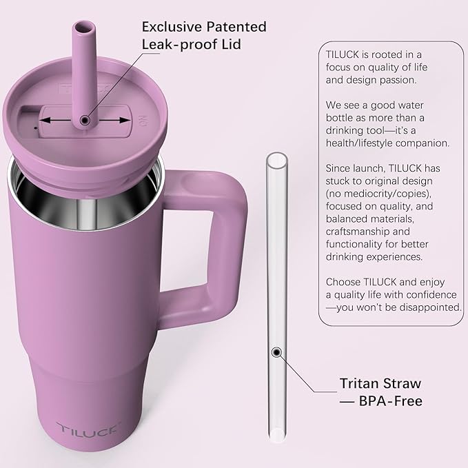 TILUCK 30 oz Tumbler with Handle, Vacuum Insulated Stainless Steel Travel Mug with 100% Leak-Proof Silicone Straw Lid, Cupholder Friendly Water Bottle(Lilac, 30oz) - Bloomnest