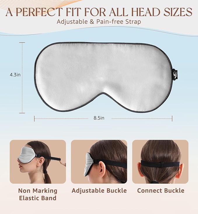 HiRui Silk Sleep Mask, 100% Natural Mulberry Silk of Double-Sided & Inner-Filling, Ultra-Smooth Soft, Adjustable Strap, Blocks Light for Night Sleeping, Travel, Office Naps (Gray) - Bloomnest