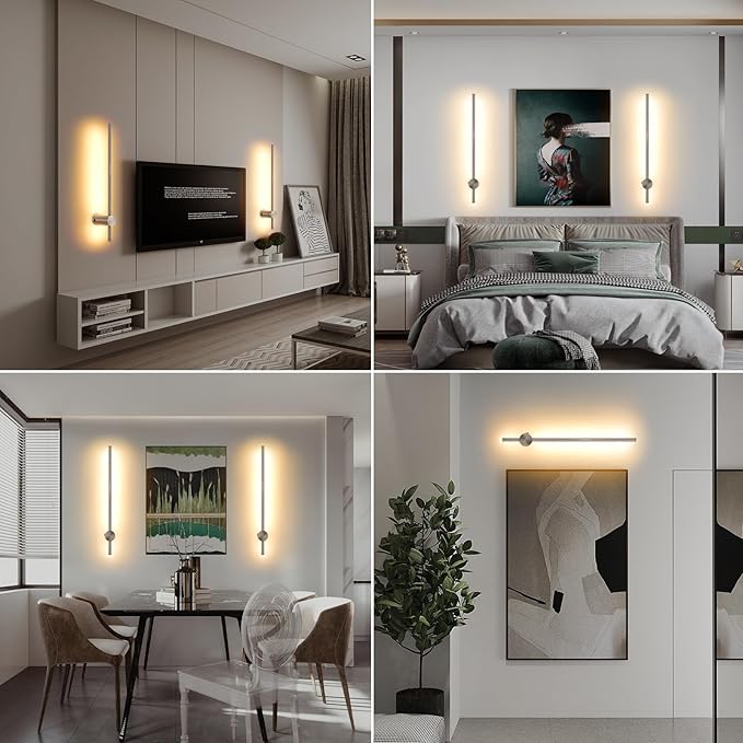 Battery Operated Wall Sconces with Remote, Dimmable 3000K-6000K/Timer/Memory LED Wall Lamp, 350°Rotate, USB Rechargeable Wireless wall lights for Living Room, Bedroom Brushed Nickel 23.6" (2 Pack) - Bloomnest