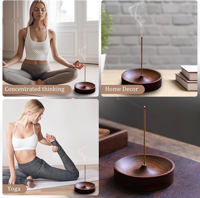 Incense Holder,Black Walnut Hand - Crafted Round Burner for Sticks with Ash Catcher,Perfect for Relaxation at Home, Yoga,Spa & as a Gift - Bloomnest