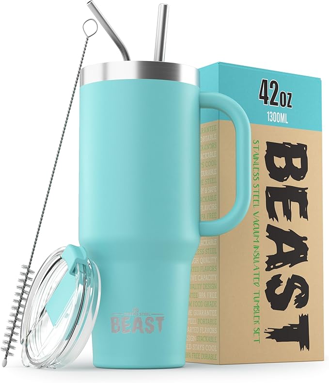 Beast 42 oz Tumbler Stainless Steel Vacuum Insulated Coffee Ice Cup Double Wall Travel Flask (Aqua Blue) - Bloomnest