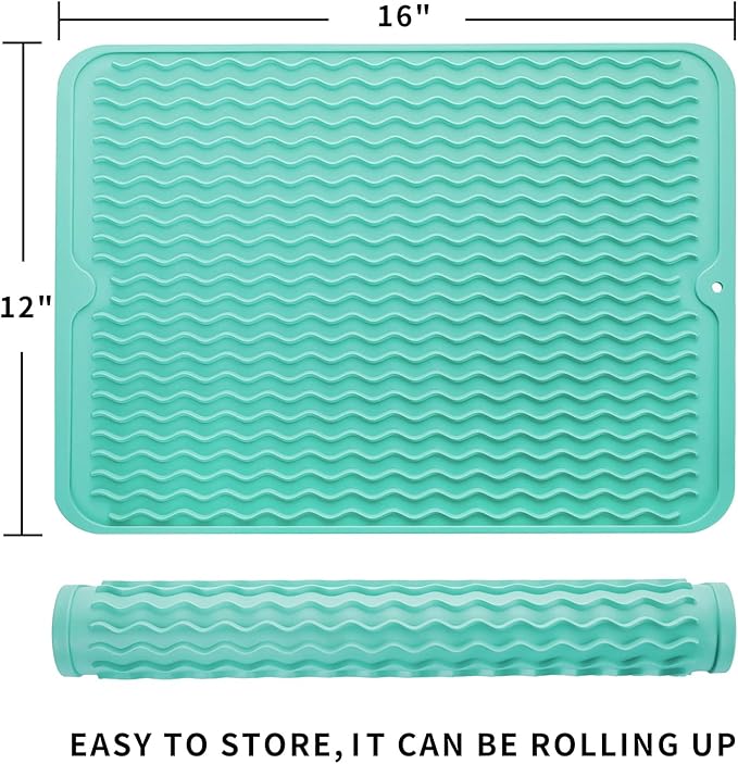 Silicone Dish Drying Mat for Multiple Usage,Easy clean,Eco-friendly,Heat-resistant Silicone Mat for Kitchen Counter or Sink,Refrigerator or drawer liner Mint L 16 inches x 12 inches - Bloomnest