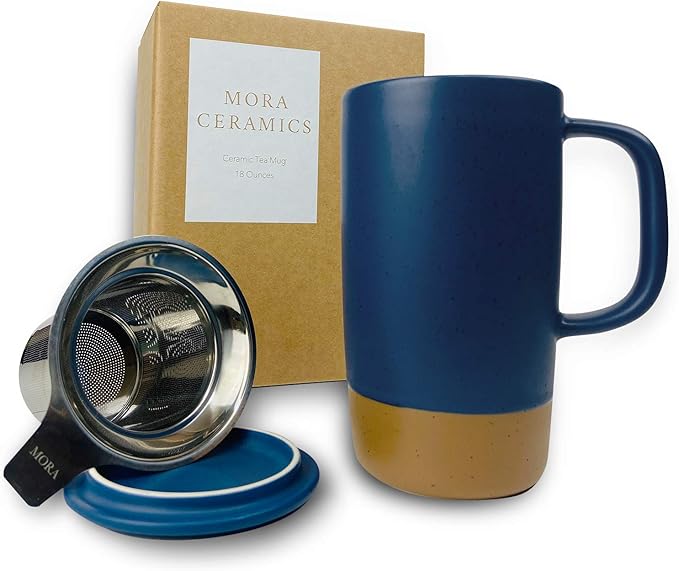 Mora Ceramics Large Tea Mug with Loose Leaf Infuser and Ceramic Lid, 18 oz, Portable, Microwave and Dishwasher Safe, Tall Coffee Cup - Rustic Matte Ceramic Glaze, Modern Herbal Tea Strainer, Deep Blue - Bloomnest