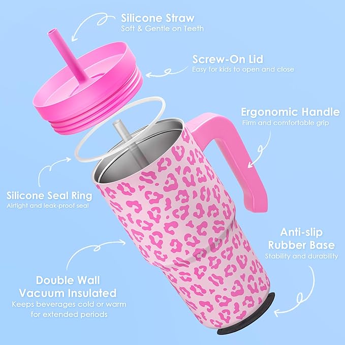 Leopard Print Kid 20oz Tumbler with Handle and Silicone Straw Lid, Insulated Stainless Steel Cup, Gift for Kids Girls, Gifts Idea for Birthday Christmas Back to School - Bloomnest