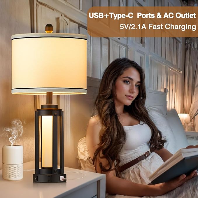 Industrial Table Lamps Set of 2, Modern Beside Lamp with USB A+C Charging Ports & AC Outlet, Rustic Nightstand Lamp with LED Night Light for Living Room Bedroom End Table Entryway Black Bulbs Included - Bloomnest