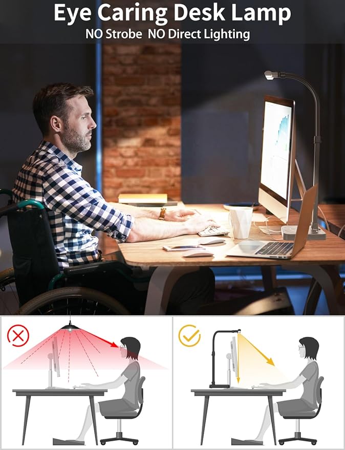 LED Desk Lamp for Home Office, Double Head 24W with Base, Architect Light 5 Lighting Brightness Flexible Gooseneck Table Reading Study, Black - Bloomnest