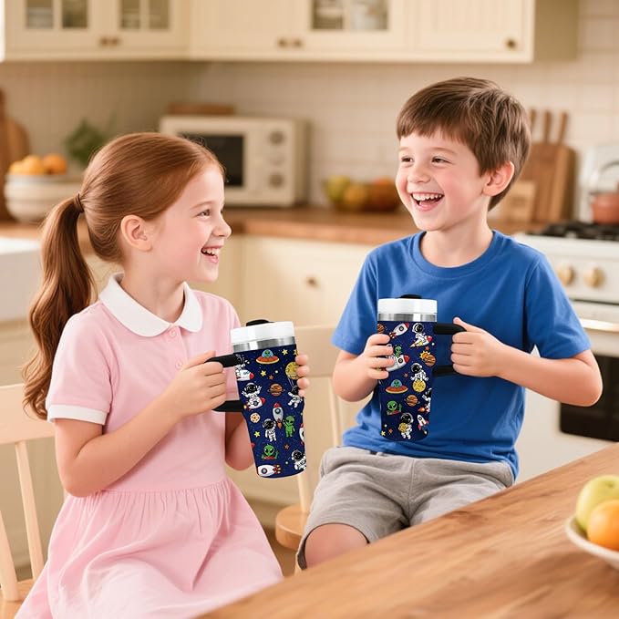 Space Themed Gifts for Boys - 14oz Kids Astronaut Tumbler with Handle and Straw, Stainless Steel Insulated Water Cup, for Sports, School - Space Themed Children's Birthday Gift Cup (1pc) - Bloomnest