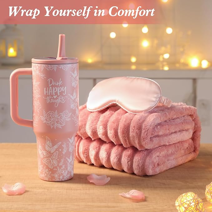 Birthday Gifts for Women, 10PCS Relaxing Self-Care Gift Basket with Flannel Blanket, 40 oz Tumbler, and Tote Bag – Get Well Soon Gift for Mom, Wife, Sister, Friends