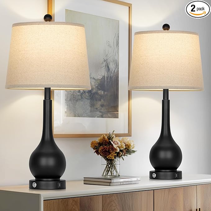 26" Black Table Lamps Set of 2 for Living Room, Touch Control Bedside Lamp for Bedroom, 3-Way Dimmable Nightstand Lamp with USB A+C Port (2 LED Bulbs Included) - Bloomnest