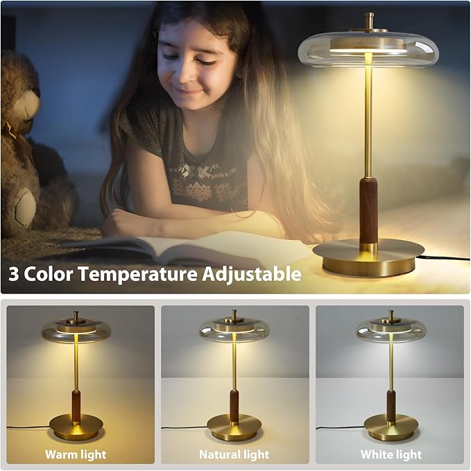 Small Table Lamp for Bedroom-Brass Base Mushroom Table Lamps,Amber Glass Shade,LED Three Color Temperature Adjustable Brightness Modern LED Side Table and Desk Lighting(H 15.4 in) - Bloomnest
