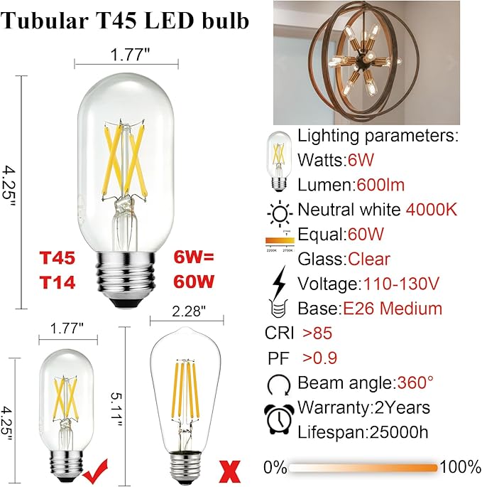 LiteHistory E26 Edison Bulb 6W Equivalent E26 LED Bulb 60 Watt Dimmable Neutral White 4000K led Light Bulb AC120V 600lm Tubular T14 T45 LED Bulb for Pendant,Sputnik,Vanity,Chandeliers Pack of 6 - Bloomnest