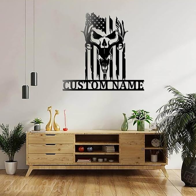 Lovely POD Personalized Hunting Metal sign, Hunting Art, Custom US Skull Deer Hunter Metal Wall Art With Led Lights, Personalized Hunting Name Metal Wall Decor, Hunting Decoration Hanging for Home - Bloomnest