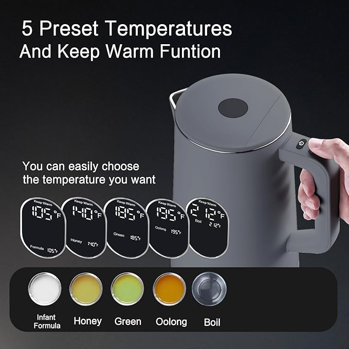 1.5L Electric Kettle Stainless Steel, Double Wall Cool Touch Teapot, Fast Boil,5 Temperature Control, LED Display, Auto Shut-Off, BPA-Free,Keep Warm Function, Ideal for Tea & Coffee,Gray - Bloomnest