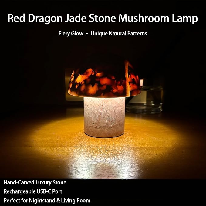 Marble Mushroom Table Lamp - Small Rechargeable USB-C Cordless Touch-Dimmable Night Light, Hand-Polished Natural Stone, 4.3"x4.7" - Bloomnest