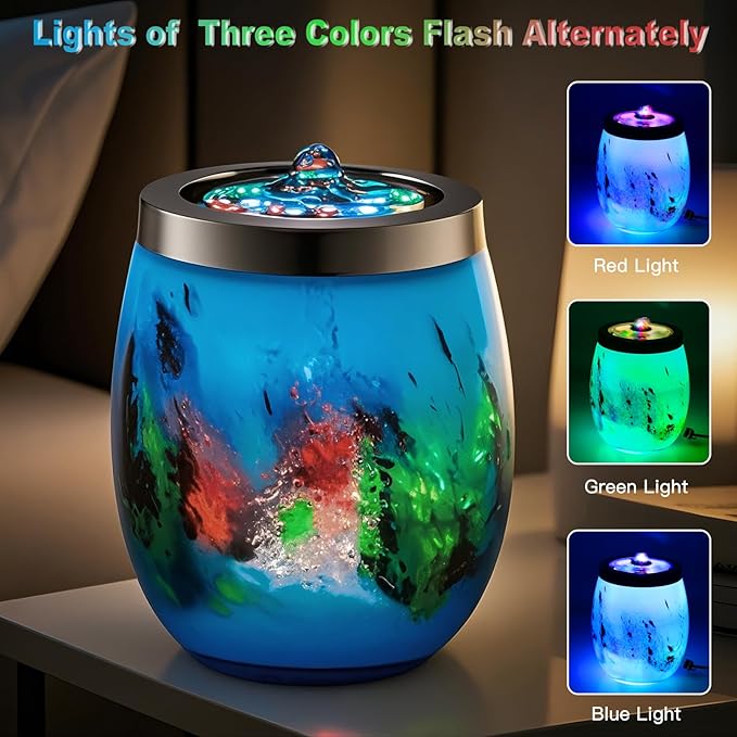 VOREEN Handblown Glass Tabletop Fountain - Art Glass Indoor Fountain with Color-Changing Glow - Artistic Indoor Water Feature with Optional Aromatherapy for Home, Spa, Office Décor - Blue - Bloomnest