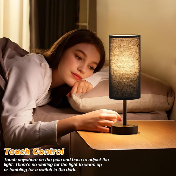 Dicoool Black Touch Bedroom Lamp with USB - 3 Way Dimmable Table Lamp for Bedroom, Nightstand Lamp with Black Charging Station for Desk Dorm, Office, Boy Kids Room, Small - Bloomnest