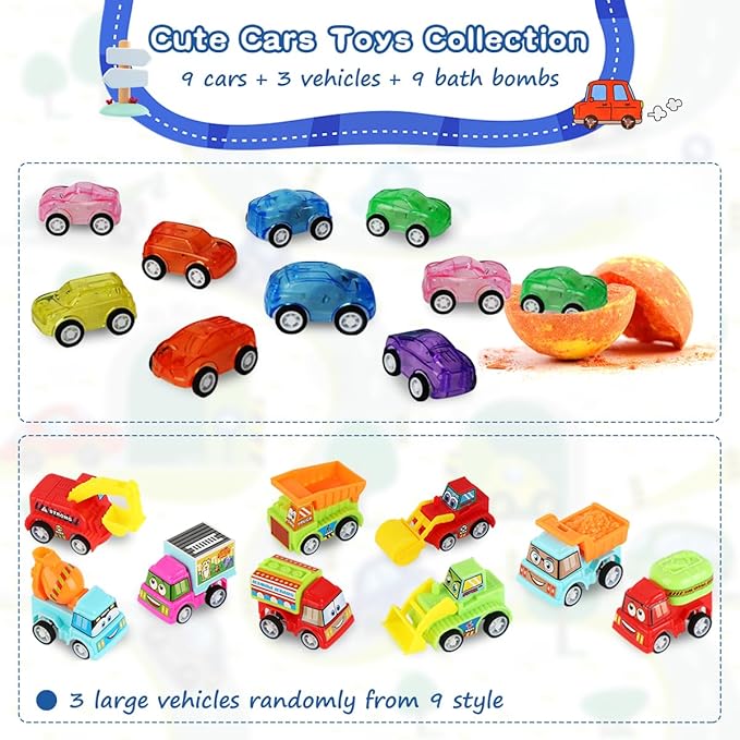 Bath Bombs for Kids with Toys Inside, Kids Bath Bombs for Boys Girls, 9-Piece Bathbomb Set Includes 9 Pull-Back Cars and 3 Vehicles, Halloween Christmas Birthday Easter Gift Set for Children - Bloomnest