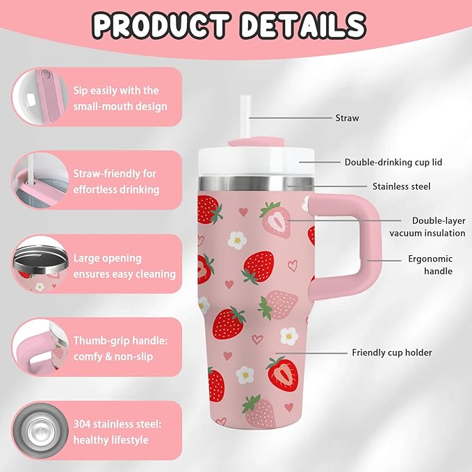 Strawberry Gifts for Girls - 14oz Cute Strawberry Kids Tumbler with Handle and Straw, Stainless Steel Insulated Water Cup, for School, Travel - Strawberries Themed Children Birthday Gifts Cups(1pc) - Bloomnest