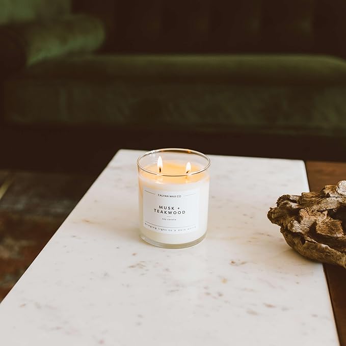 Calyan Wax Scented Candle, Musk & Teakwood Candle for The Home Scented with Essential Oils, Soy Wax Aromatherapy Candles in Glass Jar with 37 Hour Burn Time, Non Toxic Candles Gifts, 8.8oz - Bloomnest