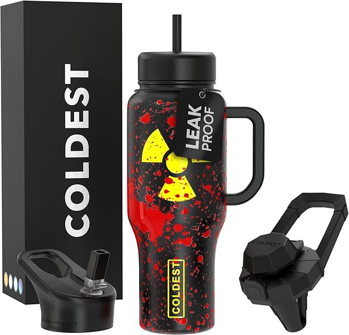 Coldest Tumbler with Handle and Straw, 100% Leak Proof Insulated Tumbler with Lid and Straw (3 Lids), Stainless Steel Tumblers for Women & Men, Cup Holder Friendly Base, 36 oz (Radioactive) - Bloomnest
