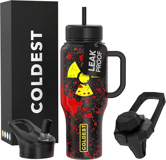 Coldest Tumbler with Handle and Straw, 100% Leak Proof Insulated Tumbler with Lid and Straw (3 Lids), Stainless Steel Tumblers for Women & Men, Cup Holder Friendly Base, 36 oz (Radioactive) - Bloomnest