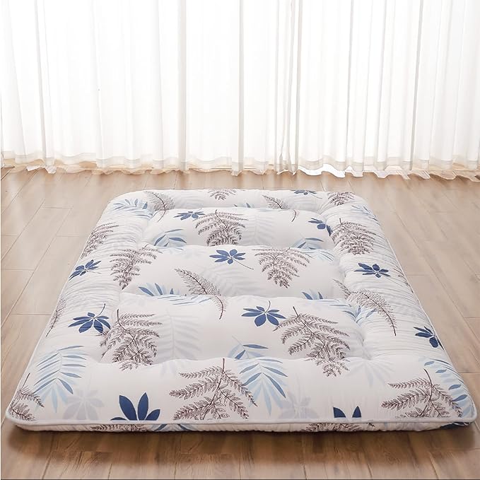 Japanese Floor Mattress, Futon Mattress with Portable Storage Bag and Washable Cover, Roll Up Thick Tatami Mat Suitable for Camping, Guest Room, White Leaf, Twin - Bloomnest